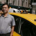 Taksówkarz rozmawia przez telefon na ruchliwej miejskiej ulicy