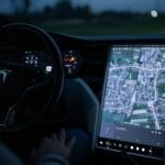 Nocne wnętrze auta elektrycznego z podświetlonym ekranem nawigacji